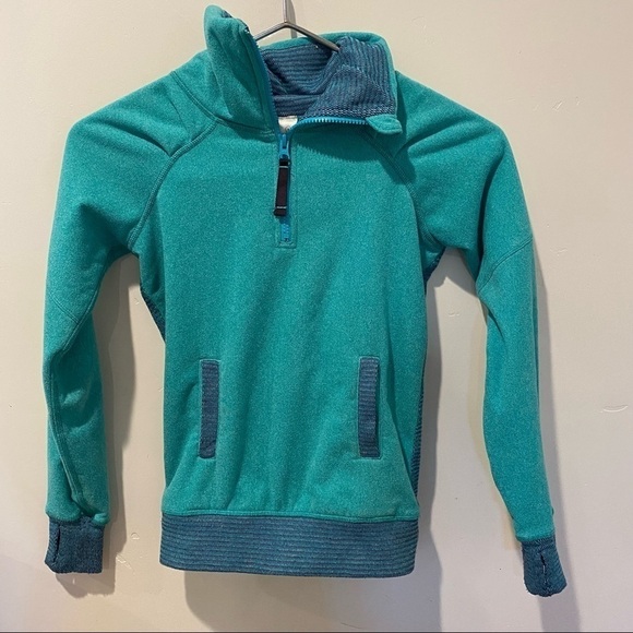 Ivivva Teal Blue Sweatshirt Girls Pockets Thumbholes 1/4 Zip Pullover 8 - Picture 1 of 7